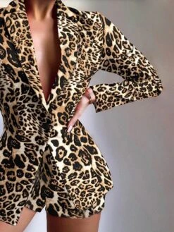 Women's Blazer Suits Fall 2 Pcs Leopard Blazer & Short Pant Christmas Party Wear Fashion Slim Fit Outerwear Long Sleeve Fall