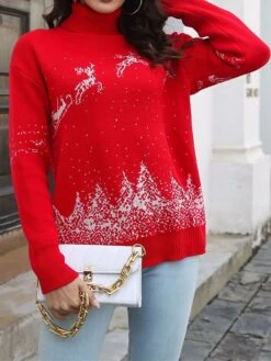 Women's Ugly Christmas Sweater Pullover Sweater Jumper Turtleneck Ribbed Knit Acrylic Patchwork Fall Winter Regular Outdoor Christmas Daily Stylish Casual Soft Long Sleeve Elk Christmas Tree White Red -Xmas Cothing Store hgryef1697103896188