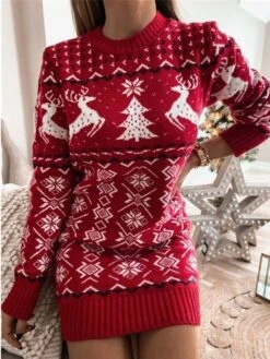 Women‘s Christmas Sweater Dress Wrap Dress Knit Dress Mini Dress Red Dark Blue Grey Long Sleeve Print Modern Style Fall Winter Round Neck Sexy Party Christmas Holiday Slim 2022 S M L XL XXL