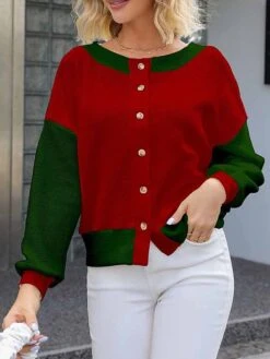 Women's Ugly Christmas Sweater Cardigan Sweater Jacket Crew Neck Ribbed Knit Polyester Button Knitted Print Fall Winter Short Outdoor Christmas Holiday Daily Stylish Casual Long Sleeve Color Block -Xmas Cothing Store hipnth1697290702719
