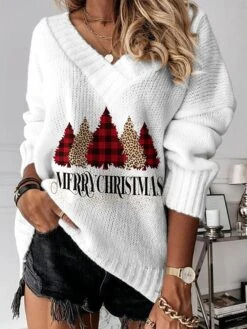 Women's Pullover Sweater Jumper V Neck Crochet Knit Polyester Print Drop Shoulder Summer Spring Fall Regular Christmas Daily Stylish Casual Soft Long Sleeve Xmas Tree Print White Pink Red S M L -Xmas Cothing Store hiycnv1694574138487
