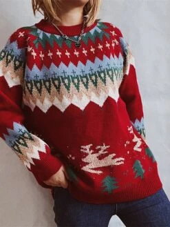 Women's Ugly Christmas Sweater Pullover Sweater Jumper Crew Neck Crochet Knit Acrylic Knitted Fall Winter Christmas Holiday Stylish Casual Soft Long Sleeve Xmas Tree White Red Navy Blue S M L -Xmas Cothing Store hjlmif1659415002763