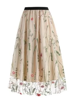 Women's Skirt Swing Midi Tulle Apricot Black White Red Skirts Fall & Winter Floral Embroidered High Waist Vintage Elegant Christmas Xmas Street M L XL -Xmas Cothing Store hjvmtm1694271030293