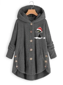 Women's Fleece Jacket Sherpa Jacket Teddy Coat Windproof Warm Outdoor Christmas Daily Wear Vacation Button Pocket Print Single Breasted Hoodie Plush Casual Daily Modern Xmas Cat Regular Fit -Xmas Cothing Store hjydvo1667466548918 1