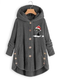 Women‘s Plus Size Christmas Fleece Jacket Teddy Coat Warm Button Pocket Cat Hat Causal Xmas Long Sleeve Hooded Regular Winter Fall Black Pink Wine L XL XXL 3XL 4XL -Xmas Cothing Store hjydvo1667466548918