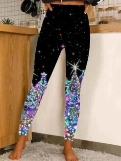 Women's Leggings Black Blue Black / Red Sparkle Sparkle & Shine Christmas Casual Xmas Leisure Sports Print Stretchy Ankle-Length Tummy Control Patterned S M L XL 2XL