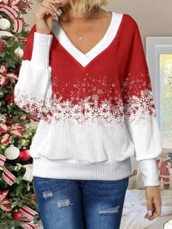 Women's Pullover Sweater Jumper V Neck Crochet Knit Cotton Blend Print Drop Shoulder Fall Winter Regular Christmas Stylish Casual Soft Long Sleeve Snowflake Wine Red S M L