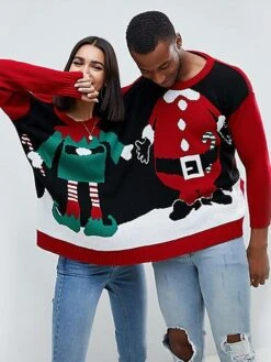 Women's Couple's Ugly Christmas Sweater Pullover Sweater Jumper Knit Santa Claus Crew Neck Stylish Casual Xmas Holiday Winter Fall Black One-Size -Xmas Cothing Store hlcywy1667793805109