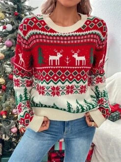 Women's Ugly Christmas Sweater Pullover Sweater Jumper Christmas Sweaters Crew Neck Ribbed Knit Acrylic Knitted Fall Winter Regular Outdoor Christmas Daily Stylish Casual Soft Long Sleeve Geometric -Xmas Cothing Store hlseos1697290678927