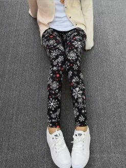 Women's Christmas Leggings Full Length Cotton Blend Print Micro-elastic High Waist Active Vacation Holiday Santa Claus Big Red Snowflake One-Size Fall Winter -Xmas Cothing Store hlstec1696232177947