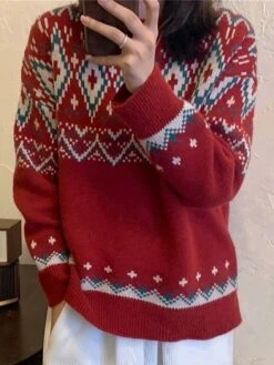 Women's Ugly Christmas Sweater Cardigan Sweater Crew Neck Ribbed Knit Knit Patchwork Oversized Fall Winter Regular Outdoor Christmas Daily Stylish Vintage Style Casual Long Sleeve Geometric Red Beige -Xmas Cothing Store hmcxof1696903363081