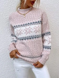 Women's Pullover Sweater Jumper Turtleneck Ribbed Knit Acrylic Knitted Fall Winter Christmas Daily Xmas Holiday Vintage Style Long Sleeve Snowflake Pink Blue Apricot S M L -Xmas Cothing Store hmmlpe1630893285314 1