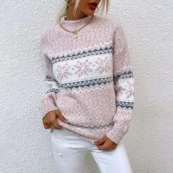 Women's Ugly Christmas Sweater Pullover Sweater Jumper Turtleneck Ribbed Knit Acrylic Knitted Fall Winter Xmas Holiday Vintage Style Long Sleeve Snowflake Pink Blue Apricot S M L -Xmas Cothing Store hmmlpe1630893285314