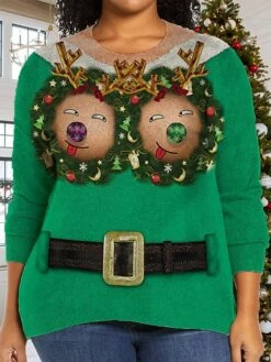 Women's Ugly Christmas Sweater Pullover Sweater Jumper Crew Neck Ribbed Knit Polyester Print Fall Winter Regular Xmas Daily Going Out Stylish Plus Size Casual Long Sleeve Print Red Green XL 2XL