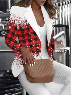 Women's Blazer Christmas Xmas Print Jacket Fall Lattice Fashion Outerwear Long Sleeve Lake Blue Winter -Xmas Cothing Store hnmcsa1695715078714