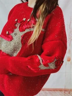 Women's Ugly Christmas Sweater Pullover Sweater Jumper Crew Neck Ribbed Knit Polyester Patchwork Fall Winter Regular Outdoor Christmas Daily Stylish Casual Soft Long Sleeve Elk Red Beige S M L -Xmas Cothing Store hntdea1696918492493