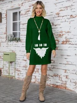 Women's Sweater Dress Turtleneck Ribbed Knit Print Fall Winter Long Christmas Stylish Soft Long Sleeve Letter Santa Claus Red Green S M L -Xmas Cothing Store hntoxn1697077728064