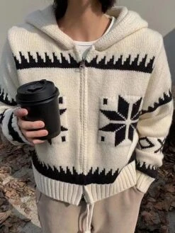 Women's Ugly Christmas Sweater Cardigan Christmas Sweaters Hooded Ribbed Knit Polyester Zipper Knitted Print Fall Winter Regular Outdoor Christmas Daily Stylish Casual Soft Long Sleeve Snowflake