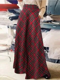 Women's SkirtPlaid Skirt MaxiRed Dark Green Skirts Winter Pocket Print High Waist Fashion Casual Christmas Street M L XL