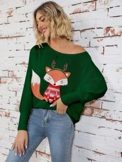 Women's Pullover Sweater Jumper Crew Neck Ribbed Knit Print Fall Winter Regular Christmas Soft Long Sleeve Animal Elk White Green S M L -Xmas Cothing Store hopgrf1697021473086