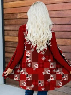 Women's Casual Jacket Christmas Print Xmas Snowman Fashion Loose Fit Outerwear Long Sleeve Big Red S
