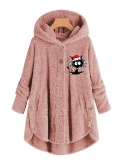 Women‘s Plus Size Christmas Fleece Jacket Teddy Coat Warm Button Pocket Cat Hat Outdoor Xmas Long Sleeve Hooded Regular Winter Fall Black Pink Wine L XL XXL 3XL 4XL -Xmas Cothing Store hqcdkl1667468197791
