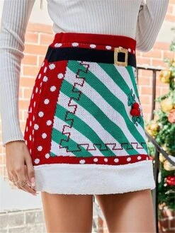 Women's Skirt A Line Mini Acrylic Red Skirts Fall & Winter Patchwork Knitting Belt Included High Waist Fashion Casual Christmas Xmas Street M L XL -Xmas Cothing Store hrgtpf1694270329756