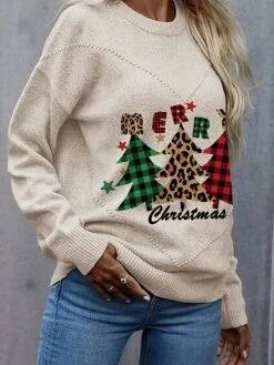 Women's Pullover Sweater Jumper Strapless Crew Neck Ribbed Knit Knit Print Fall Winter Regular Christmas Weekend Casual Soft Long Sleeve Christmas Tree Red Orange S M L