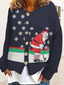 Women's Ugly Christmas Sweater Cardigan Sweater Crew Neck Ribbed Knit Polyester Patchwork Button Fall Winter Regular Outdoor Xmas Holiday Stylish Casual Soft Long Sleeve Santa Claus Print