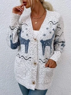 Women's Ugly Christmas Xmas Sweater Cardigan Pullover Sweater Jumper Open Front Knit Acrylic Knitted Fall Winter Christmas Daily Vacation Ethnic Style Vintage Style Elegant Long Sleeve Sheep Snowflake