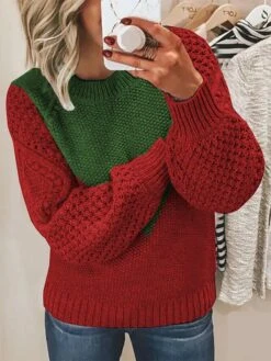 Women's Crew Neck Pullover Sweater Jumper Cable Knit Polyester Patchwork Fall Winter Regular Christmas Going Out Stylish Soft Long Sleeve Color Block Wine Army Green S M L -Xmas Cothing Store htkzna1697176855478