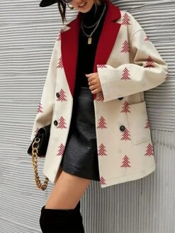 Women's Christmas Coat Xmas Tree Print Single Breasted Lapel Jacket Fall Party Wear Warm Windproof -Xmas Cothing Store htmfhp1696831822337