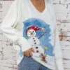 Women's Ugly Christmas Sweater Pullover Sweater Jumper V Neck Ribbed Knit Polyester Knitted Print Fall Winter Regular Outdoor Christmas Holiday Daily Stylish Casual Long Sleeve Snowman White Blue S M -Xmas Cothing Store htrnoy1697697963837
