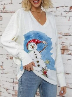 Women's Ugly Christmas Sweater Pullover Sweater Jumper V Neck Ribbed Knit Polyester Knitted Print Fall Winter Regular Outdoor Christmas Holiday Daily Stylish Casual Long Sleeve Snowman White Blue S M