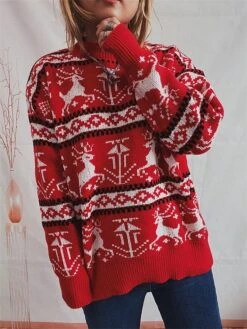 Women's Ugly Christmas Sweater Pullover Sweater Jumper Crew Neck Ribbed Knit Polyester Oversized Fall Winter Regular Outdoor Xmas Daily Stylish Casual Soft Long Sleeve Elk Red S M L