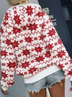 Women's Fleece Jacket Sherpa Jacket Teddy Coat Windproof Warm Christmas Street Daily Wear Vacation Zipper Pocket Print Zipper Hoodie Fashion Plush Modern Casual Snowflake Regular Fit Outerwear Long -Xmas Cothing Store hwatxu1697593803129
