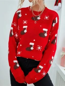 Women's Ugly Christmas Sweater Pullover Sweater Jumper Crew Neck Ribbed Knit Polyester Patchwork Fall Winter Regular Outdoor Christmas Daily Stylish Casual Soft Long Sleeve Geometric Snowflake Red -Xmas Cothing Store hwvlkp1697103884284