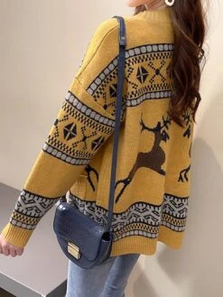 Women's Ugly Christmas Sweater Cardigan Sweater Jacket V Neck Ribbed Knit Polyester Button Pocket Knitted Fall Winter Regular Outdoor Christmas Daily Stylish Ethnic Style Casual Long Sleeve Geometric -Xmas Cothing Store hwxlwq1697291429893