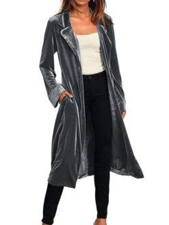 Women's Velvet Blazer Long Trench Coat Party Christmas Overcoat With Belt Open Front Halloween Xmas Cardigan Jacket Warm Stylish Casual Street Jacket Long Sleeve With Pockets Claret Black Yellow -Xmas Cothing Store hxfjbw1694681302562