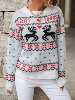 Women's Ugly Christmas Sweater Pullover Sweater Jumper Crew Neck Ribbed Knit Polyester Patchwork Fall Winter Regular Outdoor Christmas Daily Stylish Casual Soft Long Sleeve Heart Elk White S M L -Xmas Cothing Store hxlggz1697103882838