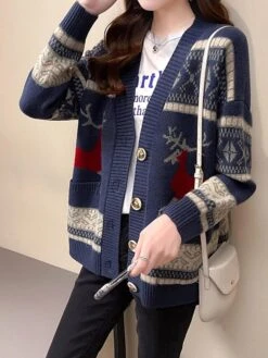 Women's Ugly Christmas Sweater Cardigan Sweater Jacket V Neck Ribbed Knit Polyester Button Pocket Knitted Fall Winter Regular Outdoor Christmas Daily Stylish Ethnic Style Casual Long Sleeve Geometric -Xmas Cothing Store hxmozb1697291426011