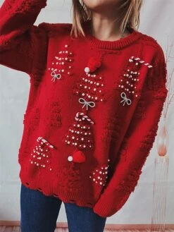 Women's Christmas Sweaters Pullover Sweater Jumper Crew Neck Chunky Knit Polyester Embroidery Beads Fall Winter Regular Christmas Daily New Year Fashion Daily Vintage Style Long Sleeve Christmas Tree -Xmas Cothing Store hynmhk1697539825102