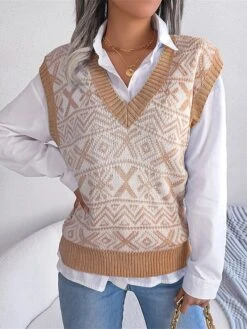 Women's Xmas Sweater Vest V Neck Ribbed Knit Acrylic Button Fall Winter Regular Outdoor Christmas Daily Stylish Casual Soft Sleeveless Snowflake Wine Blue Khaki S M L -Xmas Cothing Store hywwbm1695111151957