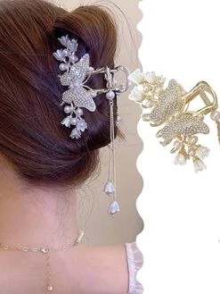 1PC Butterfly Hair Clip Metal Hair Claw Clip Bell Orchids Pearl Tassel Gold Fashion Nonslip Hair Clips Cute Claw Clips With Rhinestones Thick Hair Styling Hair Accessories For Women Christmas Gifts