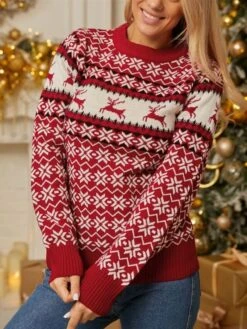 Women's Pullover Sweater Jumper Crew Neck Ribbed Knit Polyester Oversized Fall Winter Short Christmas Daily Going Out Xmas Stylish Casual Soft Long Sleeve Elk Snowflake Red S M L