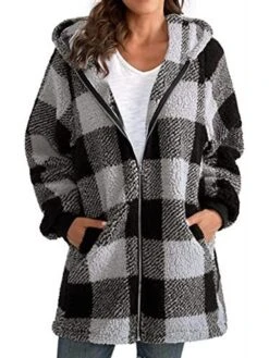Women's Sherpa Jacket Fleece Long Teddy Coat Windproof Warm Maillard Plaid Christmas Daily Wear Vacation Zipper Pocket Zipper Hoodie Ordinary Modern Plush Regular Fit Outerwear Long Sleeve Winter Fall -Xmas Cothing Store hzuoel1667563758587