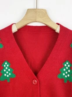 Women's Ugly Christmas Sweater Cardigan Christmas Sweaters V Neck Ribbed Knit Polyester Patchwork Fall Winter Short Outdoor Christmas Daily Stylish Casual Soft Long Sleeve Christmas Tree Red S M L -Xmas Cothing Store hzznml1697290842508
