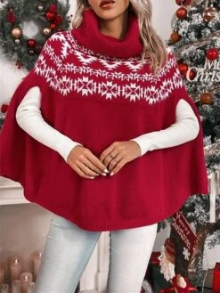 Women's Ugly Christmas Sweater Ugly Sweater Christmas Sweaters Turtleneck Ribbed Knit Polyester Knitted Print Fall Winter Regular Outdoor Christmas Daily Stylish Casual Soft Long Sleeve Geometric Red -Xmas Cothing Store iaiwvm1697290866688