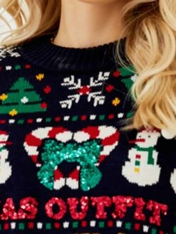 Women's Ugly Christmas Sweater Pullover Sweater Jumper Crew Neck Ribbed Knit Acrylic Knitted Fall Winter Outdoor Christmas Daily Stylish Casual Soft Long Sleeve Letter Snowman Xmas Tree Navy Blue -Xmas Cothing Store iasxax1667543494417
