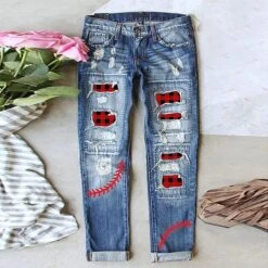 Women's Jeans Distressed Jeans Denim Blue Fashion Christmas Xmas Street Casual Baggy Ripped Micro-elastic Full Length Comfort Plaid S M L XL XXL / Print